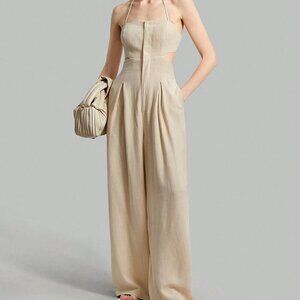 Khaki Sexy Women's Backless Strap Halter Jumpsuit